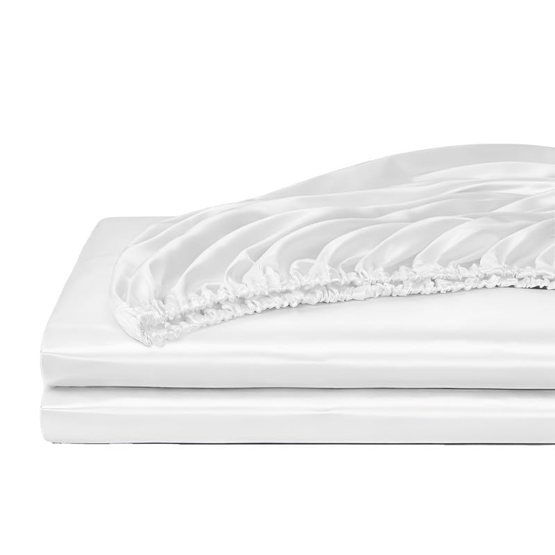 Image of Filbert - Premium Satin Fitted Bedsheet Single Bed (36x75 Inch) with 1 Pillow Cover | Hypoallergenic Breathable | Hair and Skin Friendly, Women Gift Choice|White
