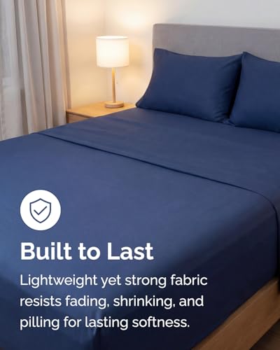 Image of Lightweight 4 Piece Bed Sheet Set Queen Size - Cooling Sheets for Hot Sleepers - Breathable Bedding Set w / 8-16 Inch Deep Pockets - 1 Flat & 1 Fitted & 2 Pillowcases - Wrinkle Resistant - Navy Blue
