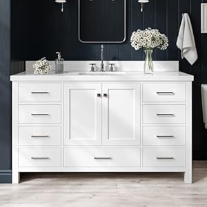 ARIEL Cambridge 61″ White Bathroom Vanity with Sink, 1.5″ Edge Pure White Quartz Countertop & Backsplash, Center Rectangular Sink, 2 Soft Closing Doors, 9 Full Extension Dovetail Drawers