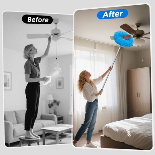 Image of DRQ Ceiling Fan Cleaner Duster, Reusable Microfiber Duster with Extension Pole, 13 to 48 Inch Fan Blade Cleaner, Removable Dusters for Cleaning Walls Bookshelves Door Window Top (Blue)
