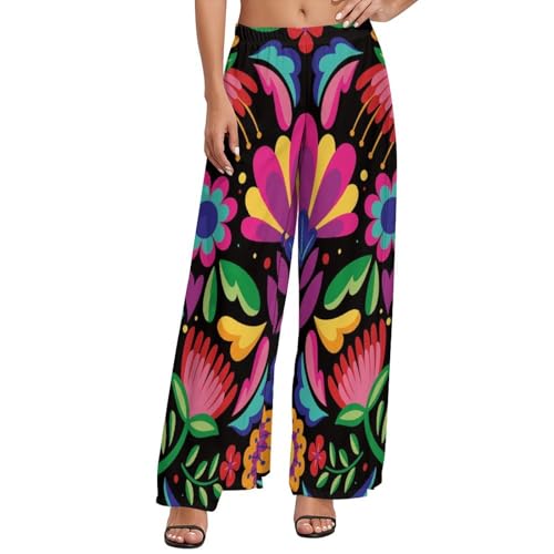 Palazzo Pants for Women - Colorful Floral Embroidery Mexican Comfy Casual Womens Wide Leg Pants Baggy Lounge Pants