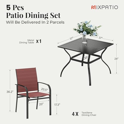 Image of MIXPATIO 5 Pieces Patio Table and Chairs Set, 4 Person Outdoor Dining Furniture Set, 4 Red Textilene Chairs and 37 inch Square Metal Table with Umbrella Hole, for Deck Backyard Lawn