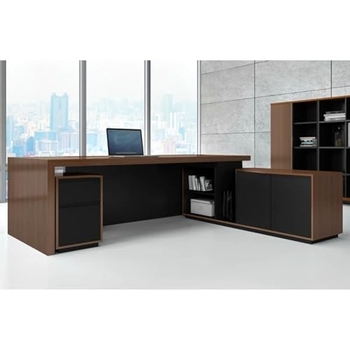 Image of Lakdi The Furniture Co Director & Executive L-Shape Table Luxury Modern Boss Office Desk Made in Particle Board with Side Unit Drawers and Openable Storage & Pedestal - Walnut - LDL-595