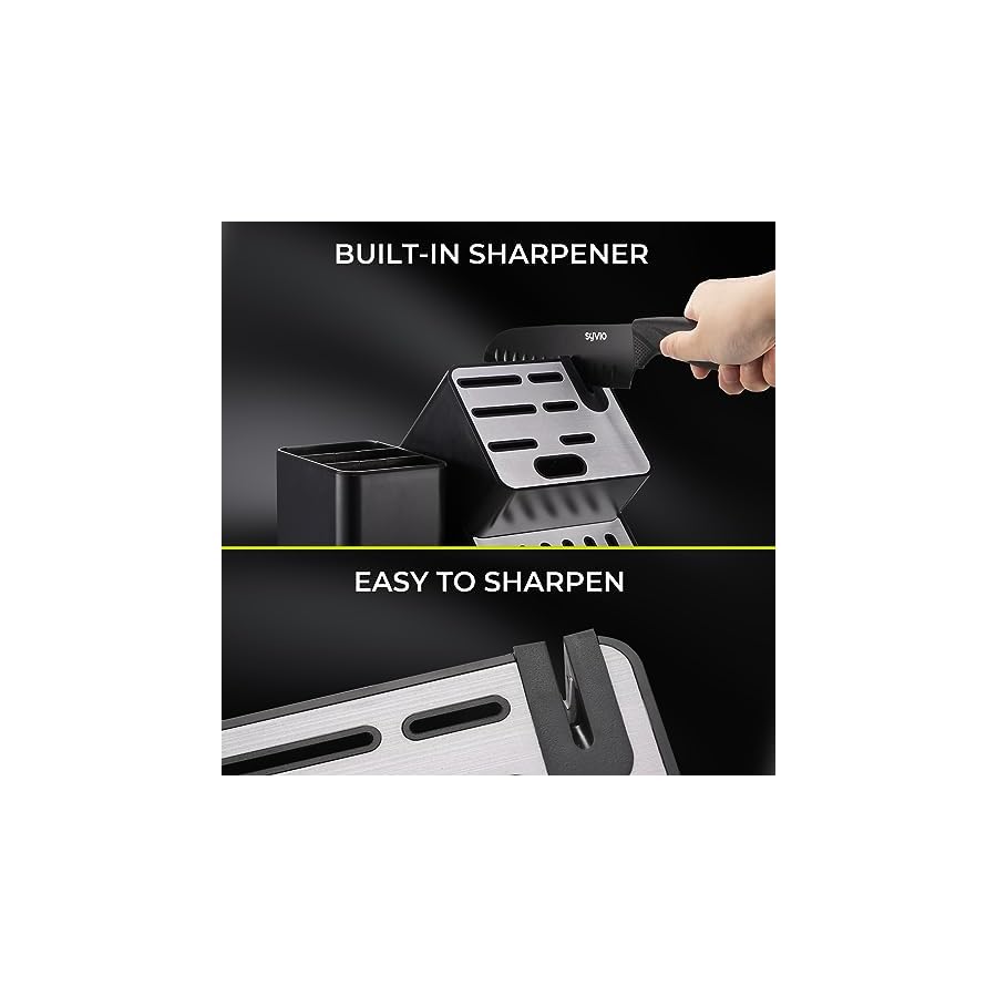 syvio Knife Set, 21pcs Utility Knife Sets for Kitchen with Block and Sharpener, Razor-Sharp, Effortless Sharpening, Premium Kitchen Knives with 6 pcs Kitchen Utensils Set and Utensil Holder, Black