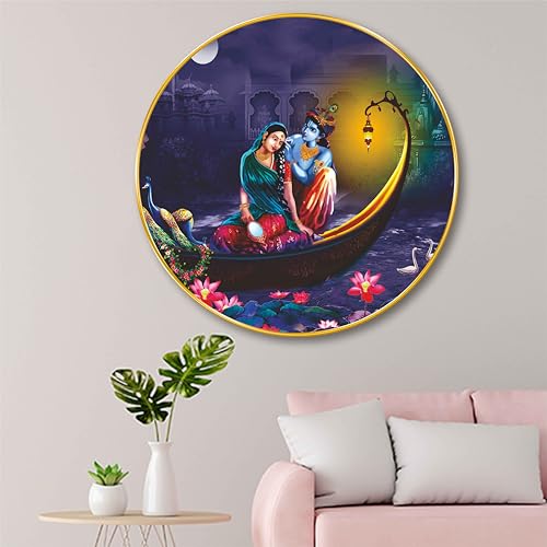 Image of Livin'luxe Radha Krishna Boat Art Print - Golden Frame Round Artwork | Divine Romantic Scene with Peacock and Lotus | Traditional Hindu Art Print for Home Temple Living Room (16 x 16 Inch) Art-GRM-267