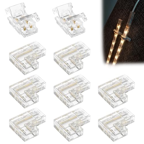 Artomnivera 10PACK COB LED Strip Connectors Set for 8mm Width 2 Pin, Solderless Strip Connectors Include 8pcs L Shape Corner and 2pcs Straight Center Connectors for Non-Waterproof Tape Lights