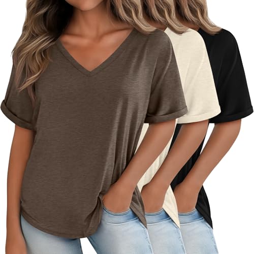 Huukeay 3 Pack Women's Oversized T Shirts, V Neck Loose Fit Rolled Sleeves Tops Cotton Shirts Summer Half Sleeves Tee