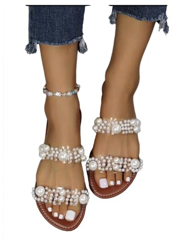 Verdusa Women's Pearls Clear Flat Sandals Open Toe Slip On Slides3