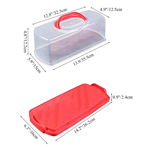 Portable Bread Box with Handle Loaf Cake Container Plastic Rectangular Food Storage Keeper Carrier 13inch Translucent Dome for Pastries, Bagels, Bread Rolls, Buns or Baguettes (Red)