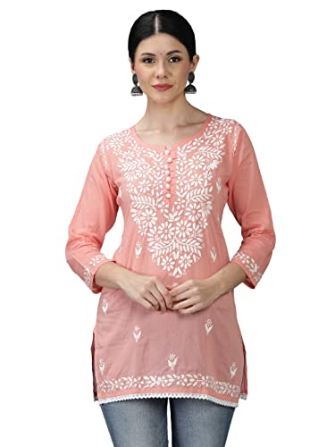 Image of Seva Chikan Hand Embroidered Lucknowi Chikankari Cotton Short Top Tunic for Women SCL9017