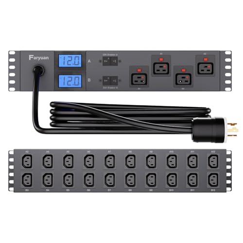 Faryuan 2U Front/Rear Metered Rack PDU, 30A 208V/240V, 24 Outlets (4 Front Auto-Lock C19, 20 Rear C13), Dual Meters, Dual UL489 Breakers, 15ft, L6-30P, for GPU Clusters & ASIC Mining,AI Servers