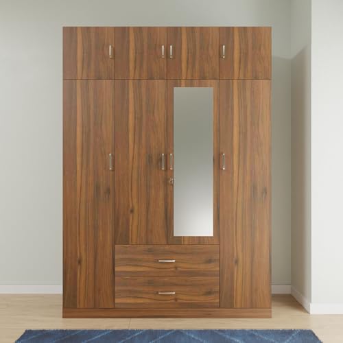 Image of VIKI Wardrobe | Wooden Almirah for Clothes,Door for Bedroom with Loft, 4 Door Wardrobe with Drawer, Mirror & Hanging Space (Brussel Walnut - 40D x 160W x 220H) | 1 Year Warranty | Free Assembly