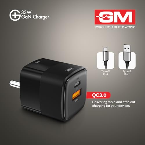 Image of GM G+ 33W Fast Charging Mobile Adapter with GaN Technology | Dual-Port Type A and Type C Adaptor | Travel Charger for Apple iPhones, Smart Watch, Android Phone, and Other Devices (Black)