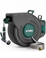 AYURA Retractable Garden Hose Reel 100 ft x 1/2 inch with Pro Metal Shaft, Heavy Duty Automatic Garden Hose Reels with Kink-Free Rewind and Lock at Any Length, Wall Mount Water Hose Reel for Outside