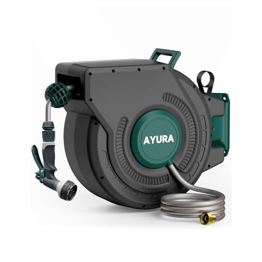 AYURA Retractable Garden Hose Reel 100 ft x 1/2 inch with Pro Metal Shaft, Heavy Duty Automatic Garden Hose Reels with Kink-Free Rewind and Lock at Any Length, Wall Mount Water Hose Reel for Outside