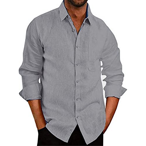 Men's Linen Button Down Shirts Casual Long Sleeve Summer Beach Shirt Tops Solid Roll-Up Sleeve Regular Fit Shirt (Grey,Large)