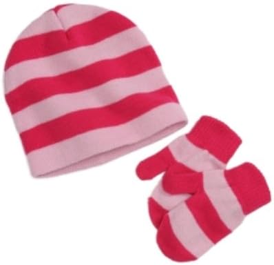 ABC Accessories Pink Stripes Infant & Toddler Girls Stocking Cap & Mittens Beanie Hat Set (Toddler)