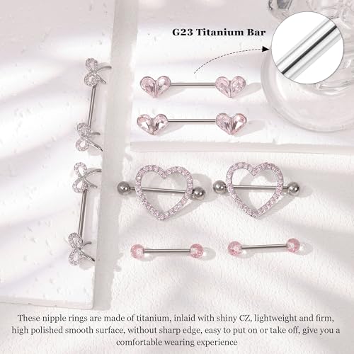 4 Pairs 14G G23 Titanium Nipple Rings for Women Heart Nipple Barbell Tongue Rings CZ Nipple Ring Set Cute Bow Nipplerings Piercing Jewelry2