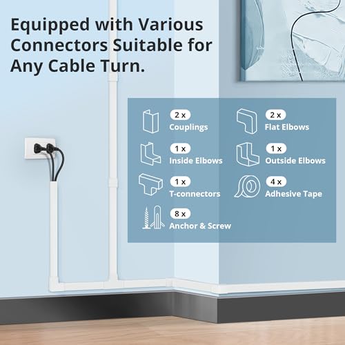 Image of Cord Covers for Wires on Wall Extra-Long, 13.12ft TV Cord Hider Kit, Paintable Cable Management Concealer, TV Wire Hider for Wall, White Cable Raceway Channel, 4 x L39in x W0.95in x H0.55in