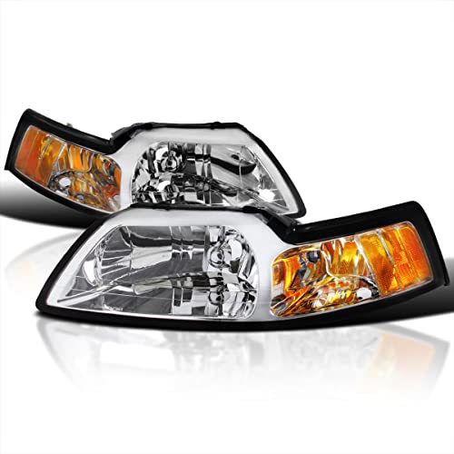 Spec-D Tuning Chrome Housing Clear Lens Headlights Compatible with Ford Mustang 1999-2004 L+R Pair Head Light Lamp Assembly