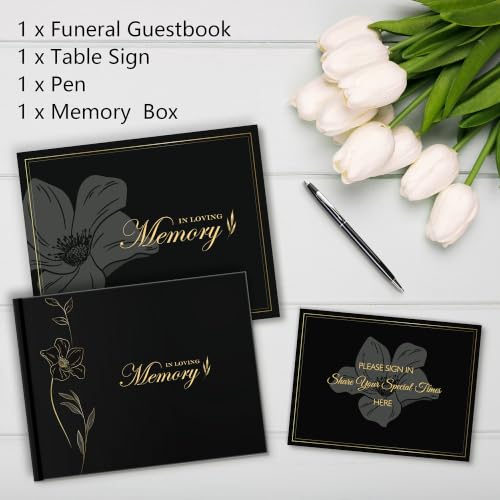 Image of In Loving Memory Funeral Guest Book with Table Sign, Pen & Box | Complete memorial set with 7.2x9.2in gold floral hardcover book, table sign, metal pen & box. Holds 300+ guests' logs.