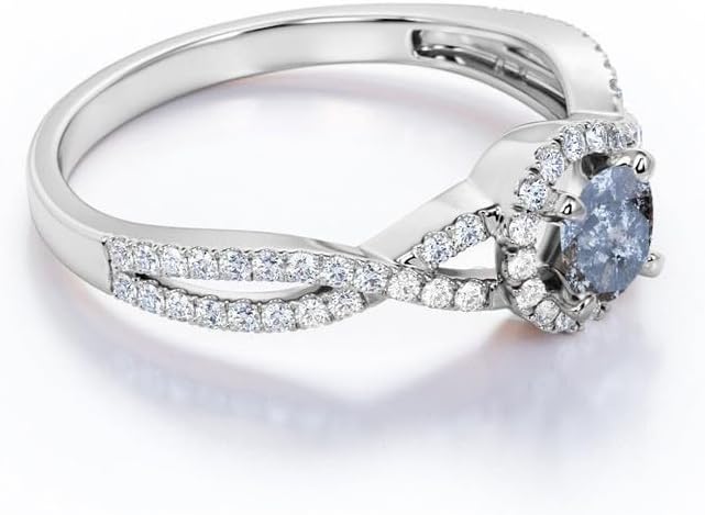 Aihpos Natural Herkimer Diamond Ring for Women – 1.0 CT Round Cut Salt and Pepper Diamond Ring Single Grey Diamond Ring 925 Sterling Silver 10K 14K 18K Gold Statement Ring for Her