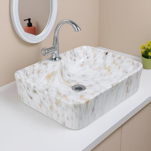 Image of Ceramic Table Top Wash Basin - Premium White Countertop Vanity Sink for Bathroom, Hotel and Home Washrooms, Modern Design, 19 x 14 x 5 Inch