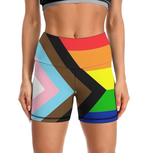 Progress Pride Flag Rainbow Gay Lesbian Transgender Bisexual LGBTQ High Waist Yoga Shorts for Women Athletic Shorts Leggings Running Pants