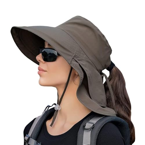La Mejor Lista de Gorras para Playa los mejores 5. 41 GeorgeX Sombreros del Sol para Mujer, Sombrero para el Sol con ala Ancha y Cola de Caballo, Sombrero para el Sol Plegable con Cordón para el Viento (Verde Ejército)