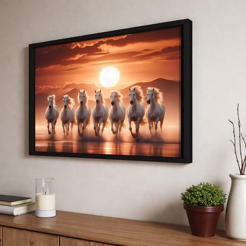 Image of 7 White Running Horses Vastu with Sunrise Framed Wall Art Painting for Living Room | Seven Horse Wall Painting With Frame Symbol of Success Wall Art for Home & Office, 17x23 Inch