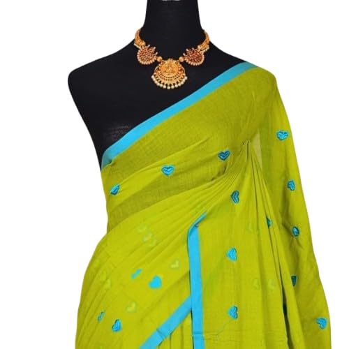 subimouiq Women's Bengal Handloom Khadi Cotton Saree – Handwoven Green Solid Saree with Blue Heart Embroidery | Elegant Wear with Blouse Piece-picture-28