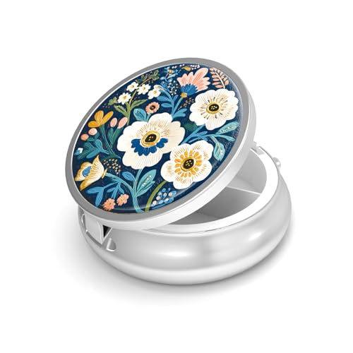 Image of Pill Box-3 Compartment Small Pill Case for Purse & Pocket Mini Metal Pill Holder Travel Pill Container to Hold Supplements Vitamins BPA-Free (A-Flowers-02)
