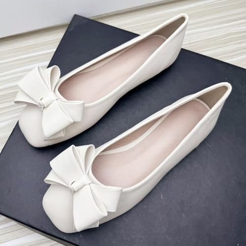WENJIAZHIZHI Square Toe Bow Flats for Women Solid Color Low-Heel Slip-ons Cozy Soft Office Lady Dress Shoes3