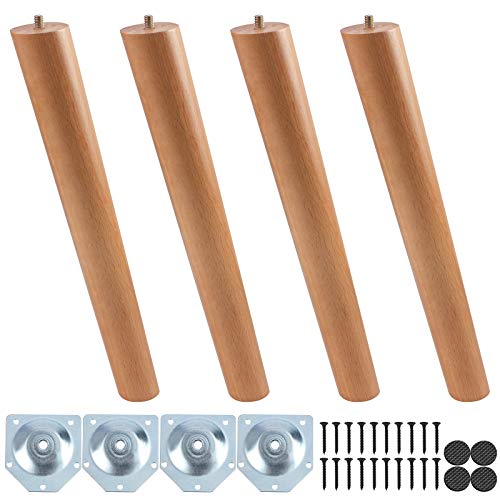 Lot de 4 pieds de meubles en bois, 33 cm en bois massif effilé Pieds de meubles de rechange avec plaque de montage, vis et tapis antidérapants pour canapé, table, chaise, meuble à thé(Couleur du bois)