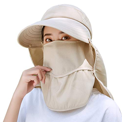 Image of Women Wide Brim Face Mask Sun Hat Detachable Neck Face Flap Ponytail UV Protection Visor Hat Garden Fishing Hiking