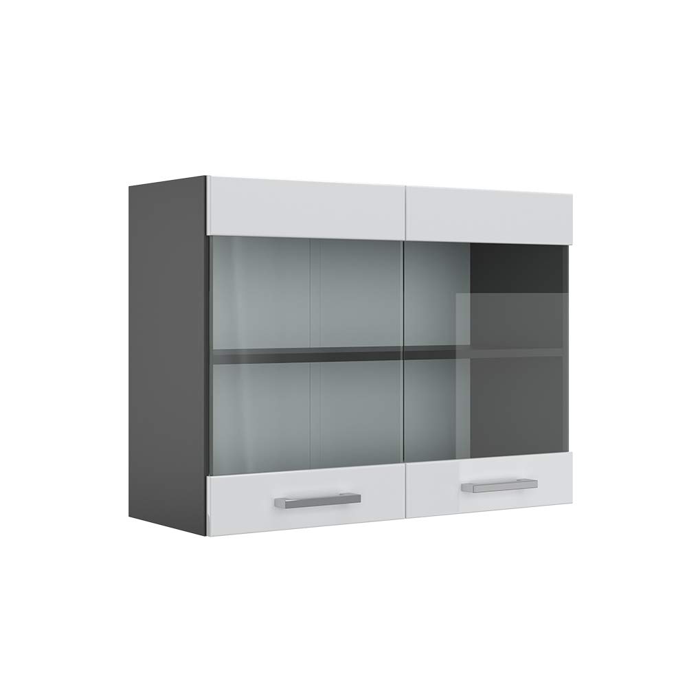 Vicco Armario de Cocina con Vidrio R-Line, Blanco Alto Brillo, 80 cm, para combinación Libre Dentro de Sistemas de Cocina modulares