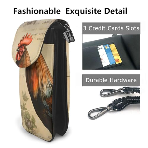 Rooster Postcard Crossbody Bag for Women PU Leather Small Travel Cell Phone Pouch Lightweight Mini Phone Purse Wallet Cross Body Shoulder Bags with Card Slots and Shoulder Strap2