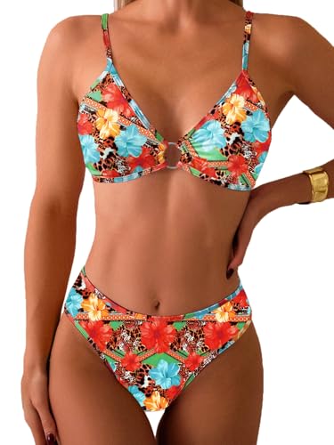Image of Fanuerg Women's Triangle Bikini Sets O Ring Linked Two Piece Swimsuits Floral Printed Cheeky Bathing Suit