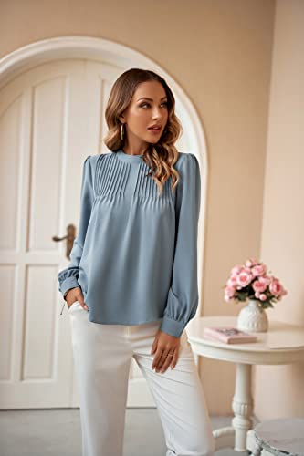 Women High Neck Blouses Lantern Long Sleeve Business Shirt Solid Chiffon Top Blue Medium #TOP2