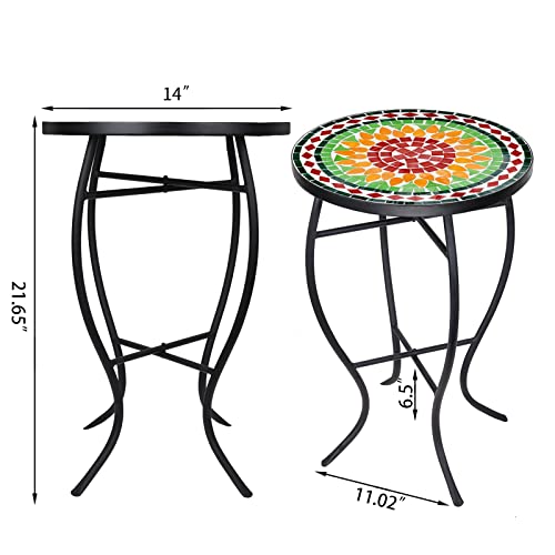 Vipush Mosaic Outdoor Side Table, 14" Round Folding End Table, Patio Accent Table Indoor Plant Stand For Living Room,Geramic Table Top Black Iron,Green Yellow #TOP2