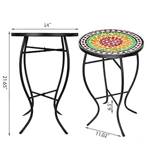 Vipush Mosaic Outdoor Side Table 14 Round Folding End Table Patio Accent Table Indoor Plant Stand for Living RoomGeramic Table Top Black IronGreen Yellow