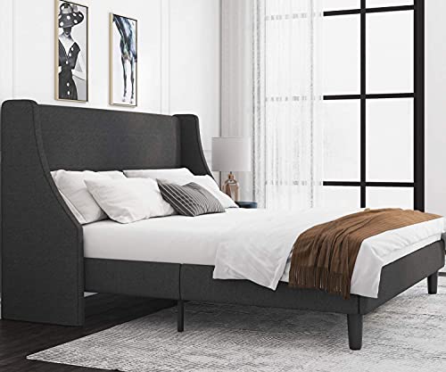 Allewie King Size Bed Frame, Platform Bed Frame With Upholstered Headboard, Modern Deluxe Wingback, Wood Slat Support, Mattress Foundation, Dark Grey #TOP2