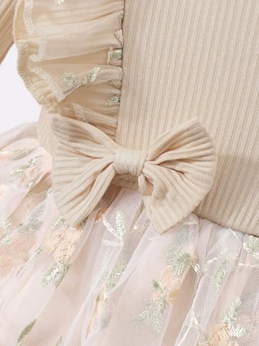 Image of Tagas Girls' Dress|Elegant Beige Baby Girl Dress with Lace Ruffles & Floral Embroidery - Long Sleeve Princess Birthday Party Dress | Comfortable & Stylish Kids Wear| PartFrock for Kids |