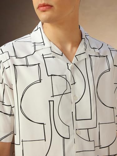Image of Dennis Lingo Men Blue Printed Viscose Relaxed Fit Half Sleeve Shirts