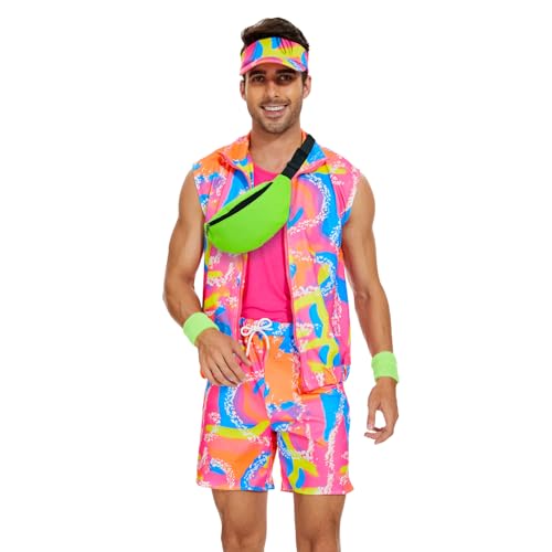 AJGEGJE Herren 80er Jahre Workout Kostüm, 80er Jahre Accessoires mit Bauchtasche, Sonnenblenden Hut, Handgelenkbänder, Movie Skating Kostüm Outfit für Halloween Cosplay (L)