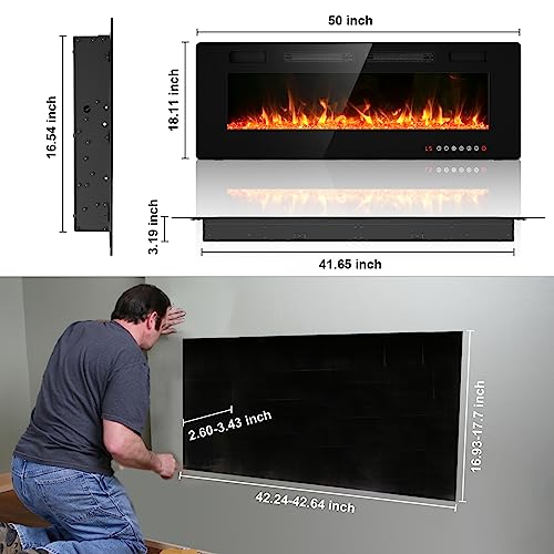 50" Ultra Thin Electric Fireplace, Wall Mounted & Freestanding, LED Fireplace Insert, Wall Fireplace for Living Room/Bedroom w/Touch Screen, Remote Control, 750W/1500W, Quiet, 8H Timer