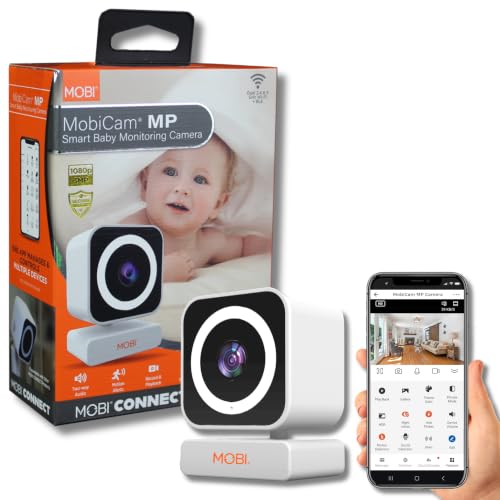 MOBI Connect Indoor Monitoring Camera with Two-Way Audio and 90 Degree Field of View, Night Vision, Motion Detection, Bluetooth and Wi-Fi Connectivity, Smart App Connection with Alerts