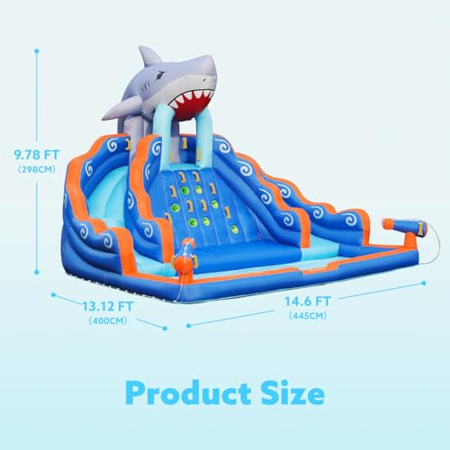 SLOOSH Inflatable Water Slide Park for Kids, 6 in 1 Bounce House Double Slides Bouncy Castle with 450W Blower, Climbing Wall, Water Cannon, Splash Pool for Outdoor Backyard Party