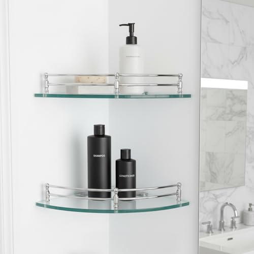 Image of Amazon Basics Glass Bathroom Corner Shelf with Stainless Steel Railings | Pack of 3 | Transparent | 9x9 Inch | Rust-Resistant Space-Saving Storage | 23D x 23W x 6H cm