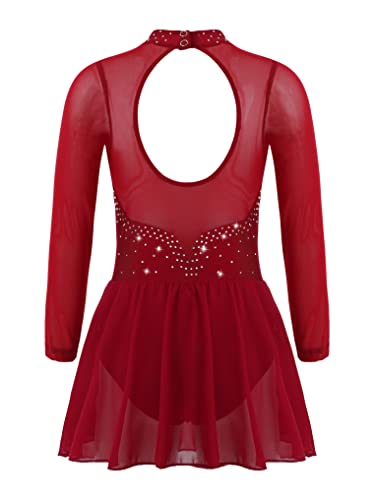Oyolan Kids Girls Rhinestones Figure Ice Skating Dress Mesh Spliced Long Sleeve Keyhole Back Ballet Dance Leotard Dress Burgundy 12 Years #TOP1